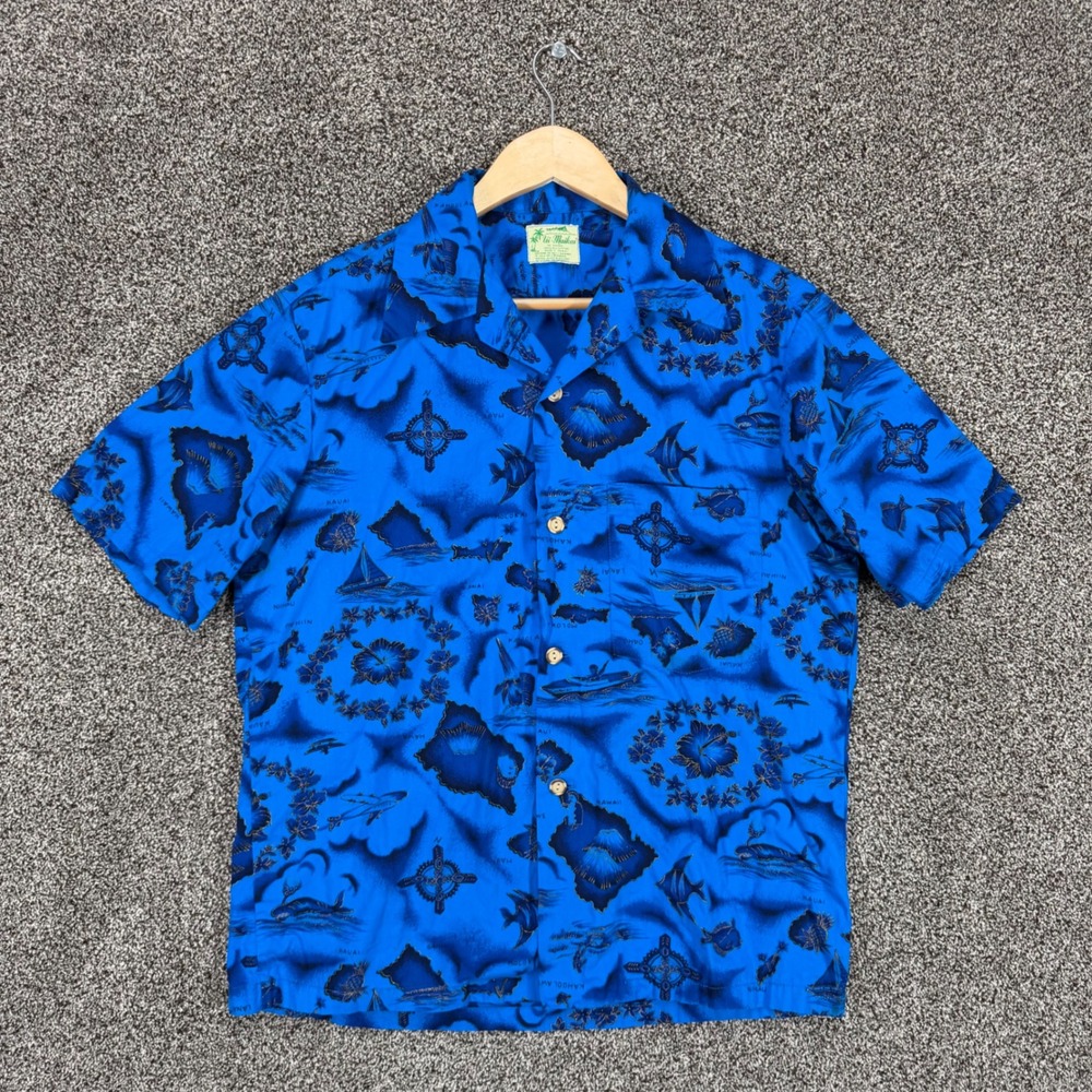 Vintage Ui-Maikai Shirt Mens M Blue Hawaiian Map Aloha Cotton - READ